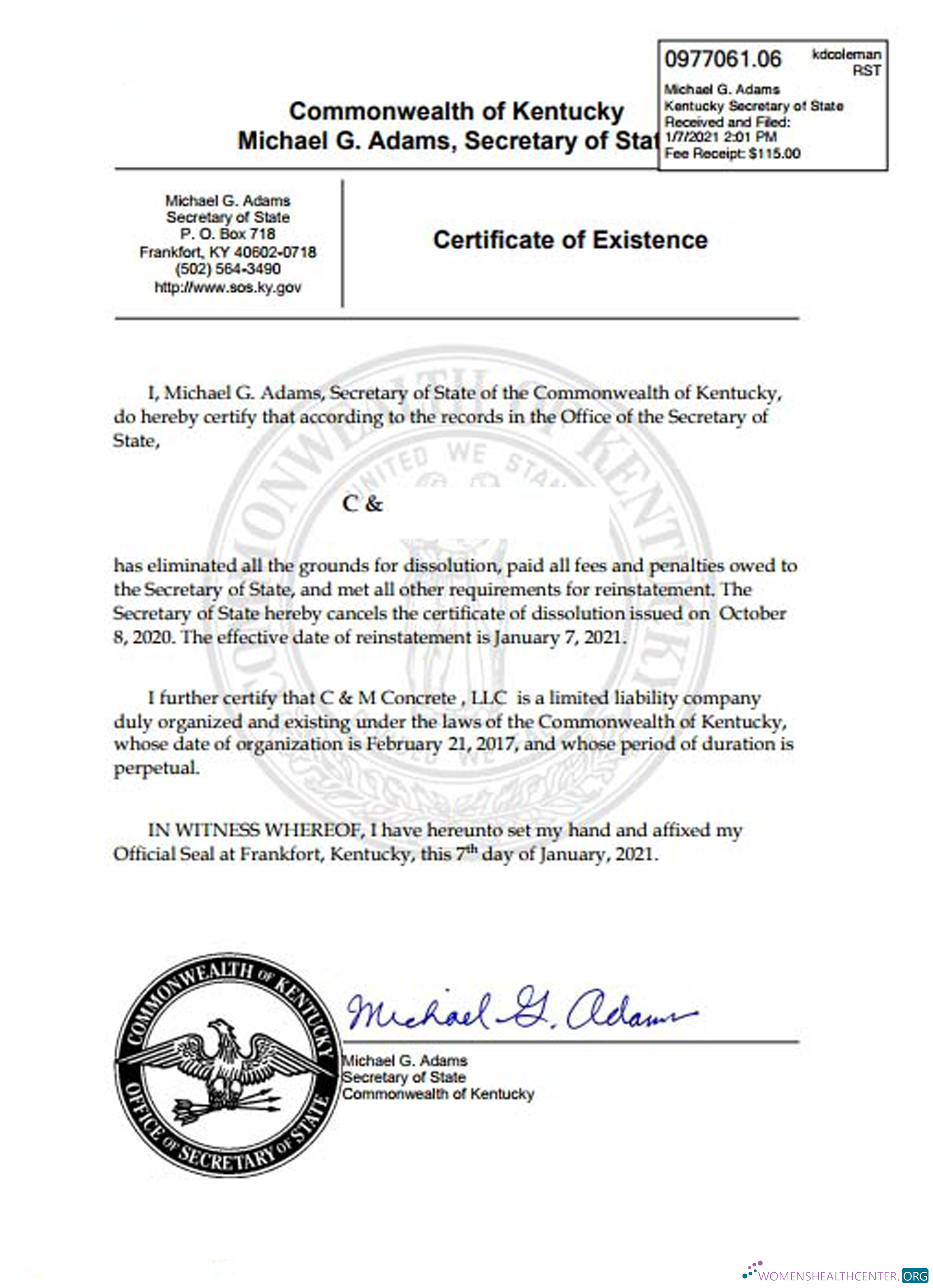 Download USA Kentucky certificate of good standing Photoshop template